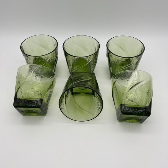 Vintage MCM Hazel-Atlas Pebblestone Green Flat Juice Whiskey Glasses - Set of 6 - Picture 7 of 8